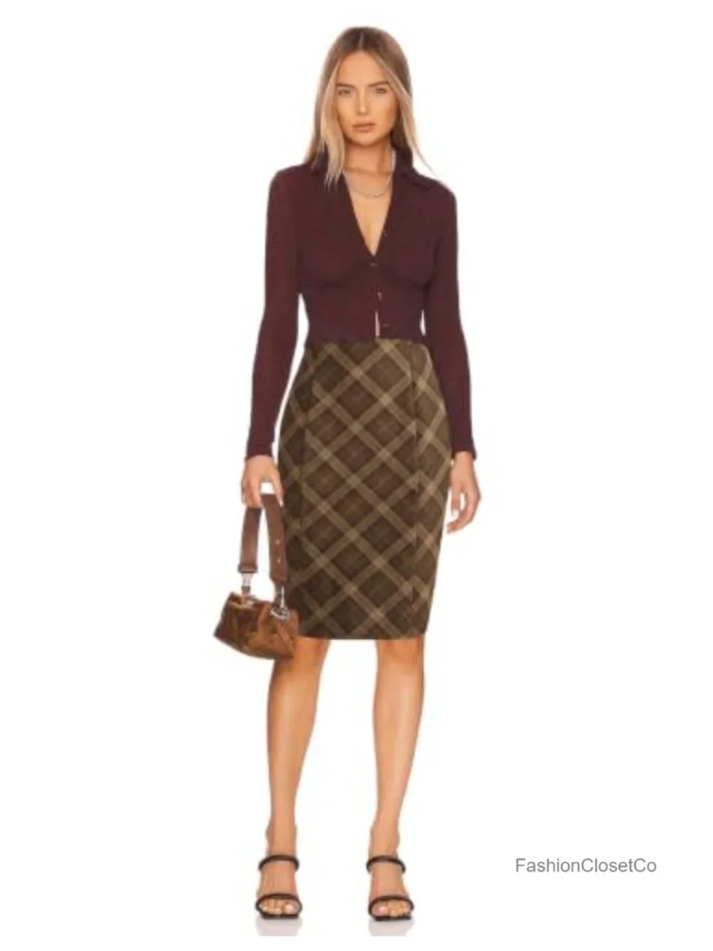 Women's High Waist Plaid Bodycon Pencil Skirt Knee Length